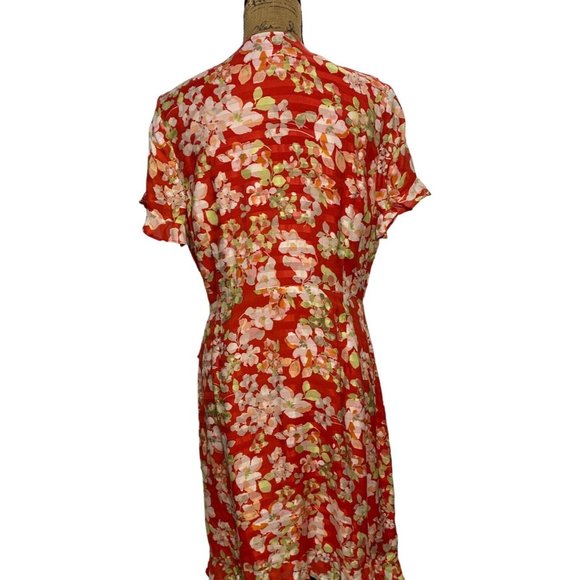 J Jill M Wrap Dress Viscose Coral Green White Pink Floral Flutter Sl Ruffle Trim - Picture 4 of 9